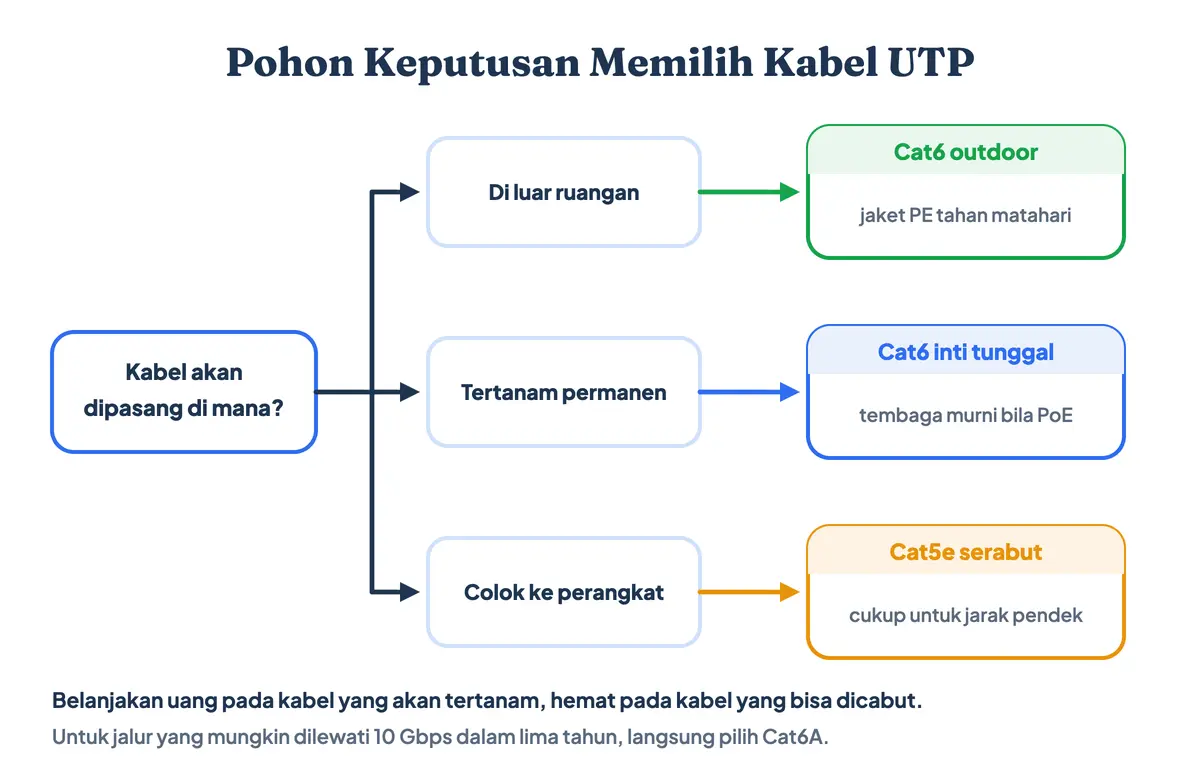 Pohon keputusan memilih kabel UTP berdasarkan tempat pemasangan, kebutuhan PoE, dan panjang jalur