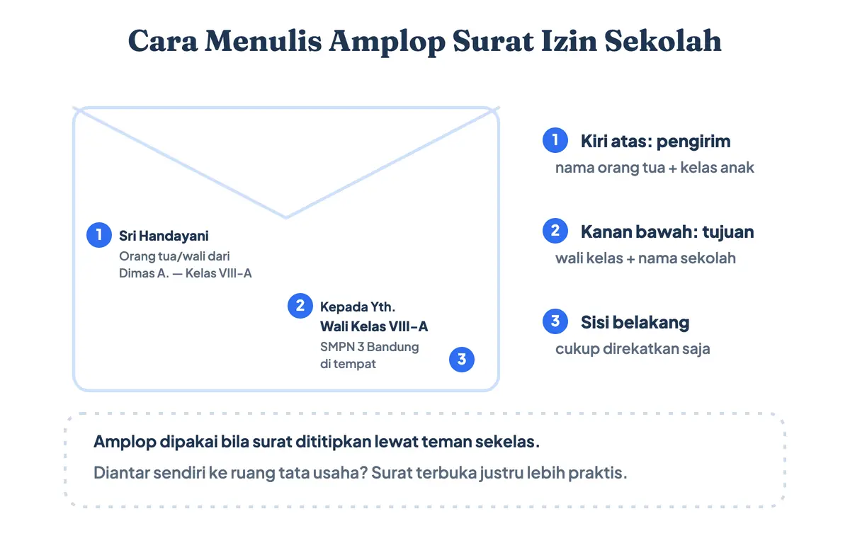 Tata letak penulisan amplop surat izin sekolah dengan posisi pengirim di kiri atas dan tujuan di kanan bawah