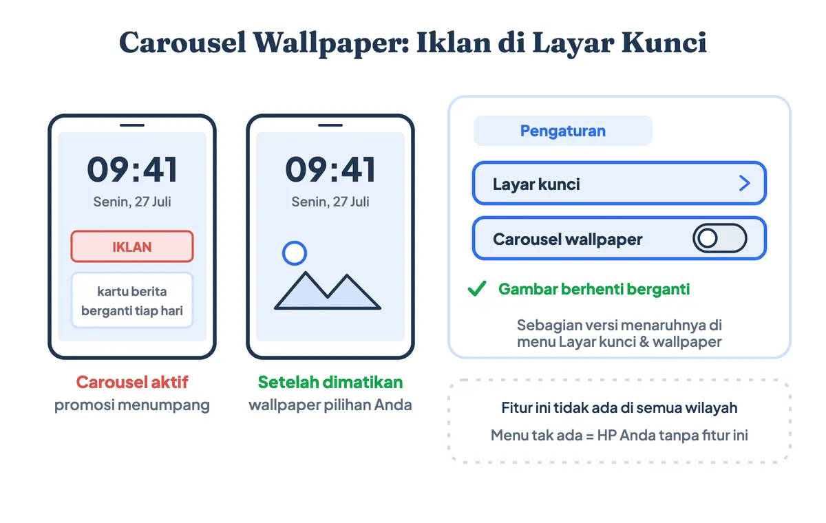 Perbandingan layar kunci HP Xiaomi saat carousel wallpaper menampilkan iklan dan setelah dimatikan kembali memakai wallpaper statis