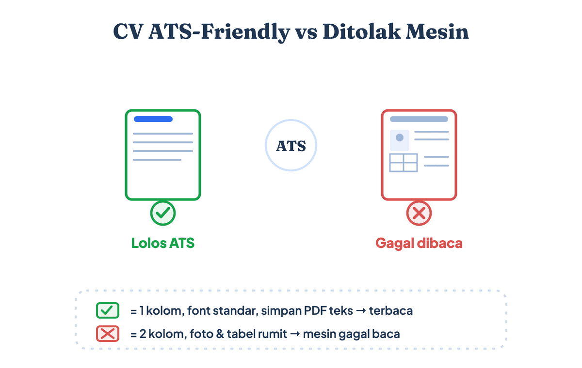 Perbandingan CV ATS-friendly dan CV yang ditolak mesin: format satu kolom dengan teks bersih lolos terbaca, sedangkan CV penuh foto, tabel, dan dua kolom gagal dibaca ATS