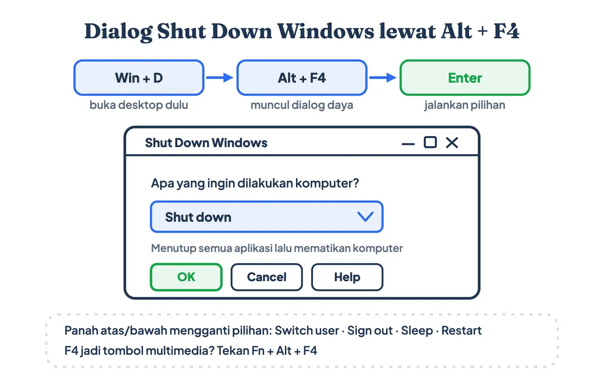 Dialog Shut Down Windows untuk mematikan laptop dengan keyboard, muncul setelah menekan Alt F4 di desktop, berisi daftar pilihan daya