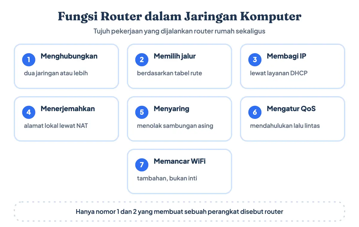 Apa fungsi router? Fungsi router adalah menghubungkan jaringan dan memilih jalur — dua yang utama. Selebihnya router berfungsi untuk membagi alamat IP, menerjemahkan lewat NAT, menyaring lalu lintas, mengatur QoS, dan memancarkan WiFi. Tujuh kegunaan router dalam jaringan komputer