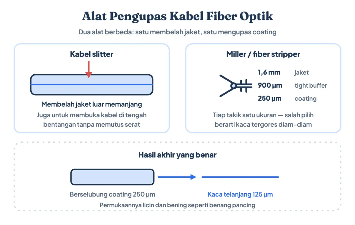 Gambar alat pengupas kabel fiber optik: kabel slitter membelah jaket luar memanjang, dan miller stripper bertakik tiga ukuran 1,6 mm untuk jaket, 900 µm untuk tight buffer, dan 250 µm untuk coating sampai tersisa serat kaca telanjang 125 µm