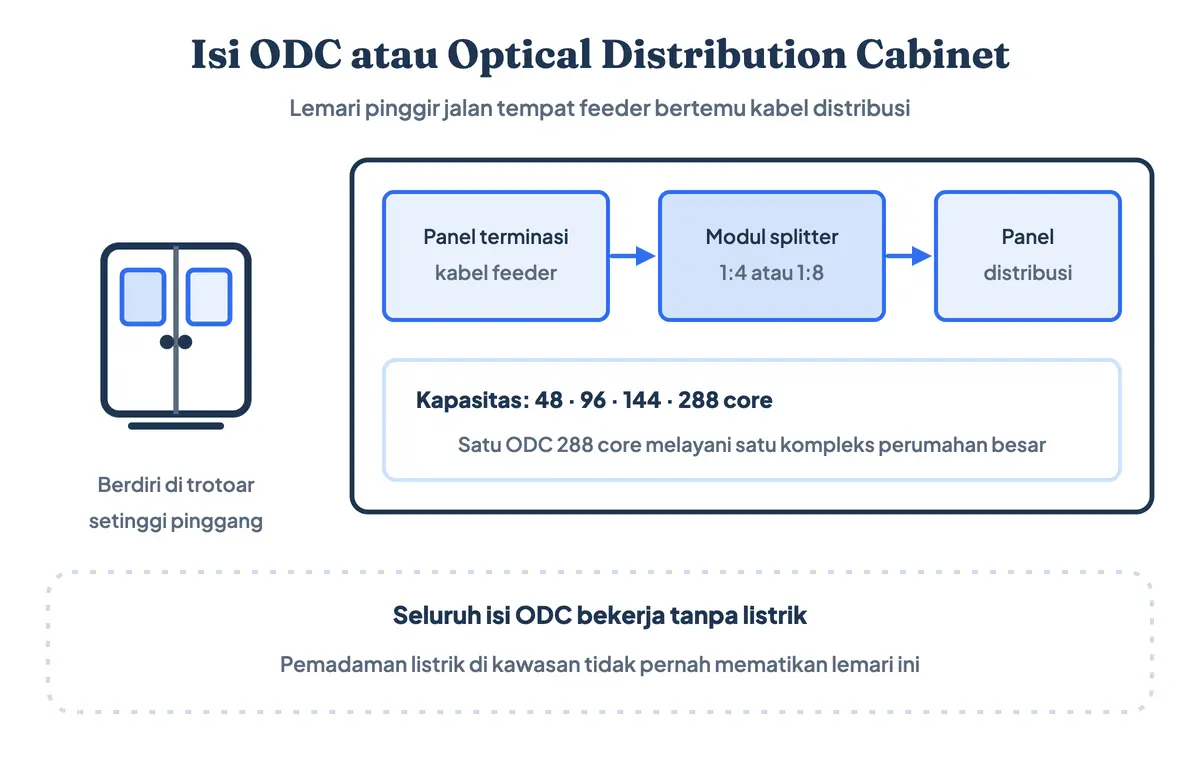 Apa itu ODC: diagram isi optical distribution cabinet, lemari fiber optic di pinggir jalan berisi panel terminasi kabel feeder, modul splitter tahap pertama 1 banding 4 atau 1 banding 8, dan panel kabel distribusi berkapasitas 48 sampai 288 core