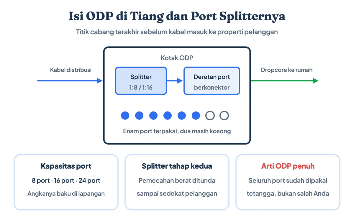 Diagram isi ODP optical distribution point pada tiang: kabel distribusi masuk, splitter tahap kedua 1 banding 8 atau 1 banding 16, deretan port keluaran berkonektor, dan dropcore menuju rumah pelanggan
