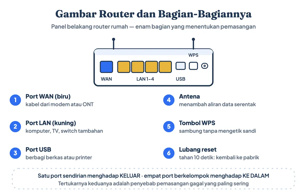 Apa itu router dilihat dari bodinya — gambar router tampak belakang beserta bagian-bagiannya: satu port WAN biru, empat port LAN kuning, port USB, tombol WPS, lubang reset, dan dua antena tegak. Pengertian router paling mudah dimulai dari lubang-lubang ini