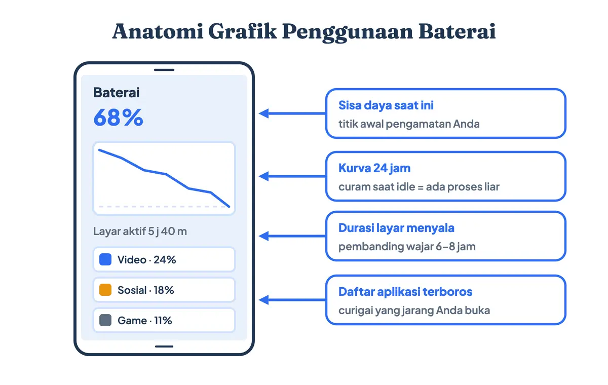 Anatomi grafik penggunaan baterai di Pengaturan Android dengan label bagian yang perlu diperiksa