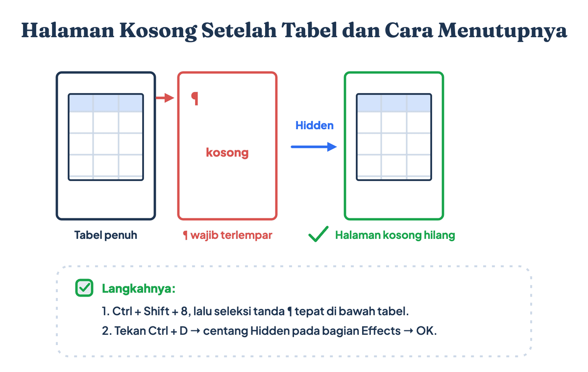 Skema halaman kosong setelah tabel di Word dan solusinya dengan menyembunyikan tanda paragraf