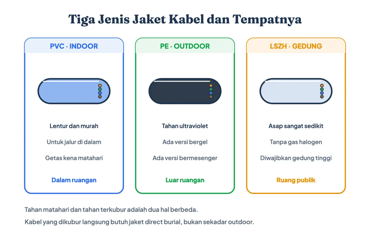 Tiga jenis jaket kabel UTP: PVC untuk dalam ruangan, PE hitam tahan sinar matahari untuk luar ruangan, dan LSZH rendah asap untuk gedung bertingkat; jaket PE inilah yang dijual sebagai kabel LAN outdoor