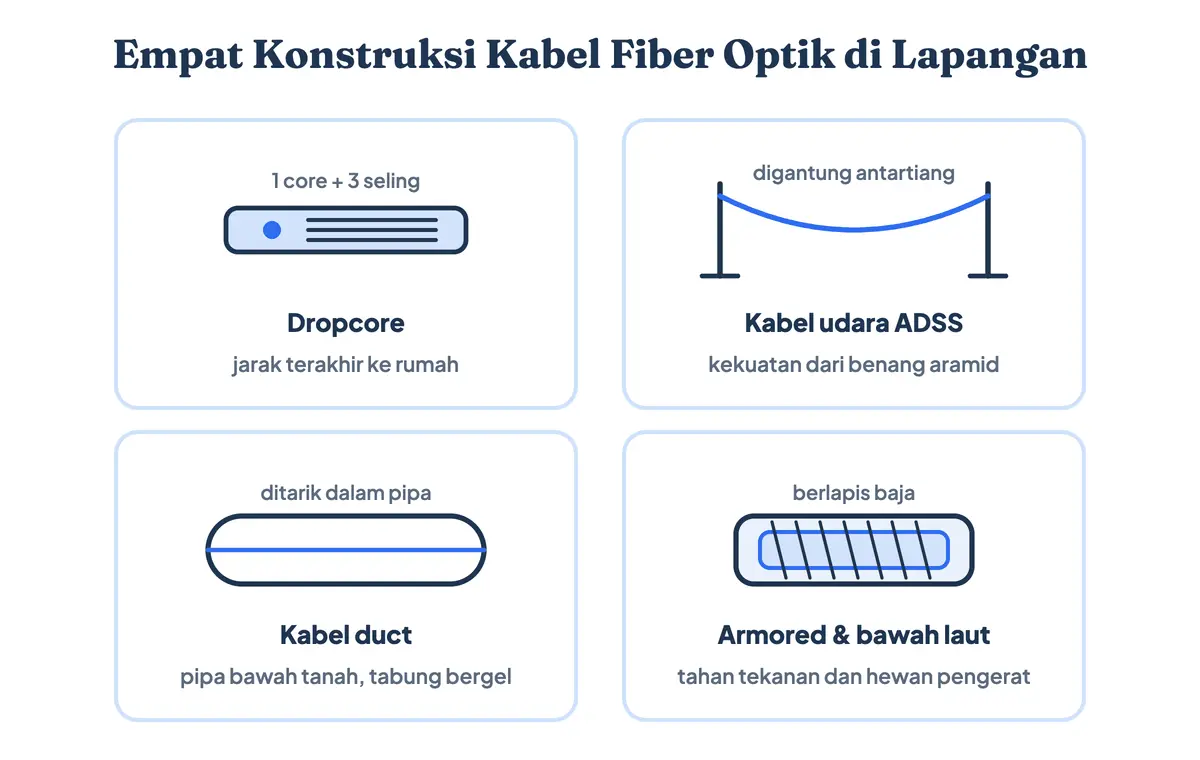 Diagram empat konstruksi kabel fiber optik: dropcore satu core dengan tiga seling baja, kabel udara ADSS antartiang, kabel duct dalam pipa bawah tanah, dan kabel armored berpelindung baja