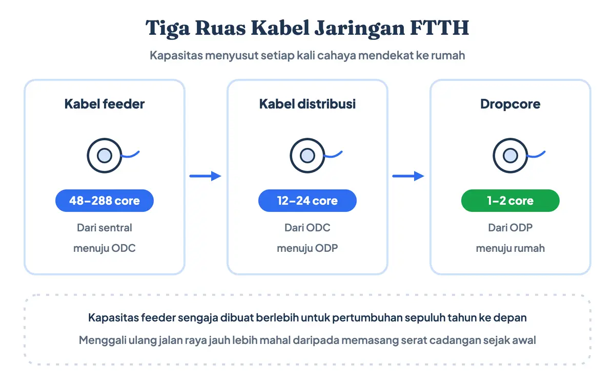 Diagram perbandingan tiga ruas kabel FO pada jaringan FTTH: kabel feeder 48 sampai 288 core dari sentral ke ODC, kabel distribusi 12 sampai 24 core dari ODC ke ODP, dan dropcore 1 sampai 2 core dari ODP ke rumah