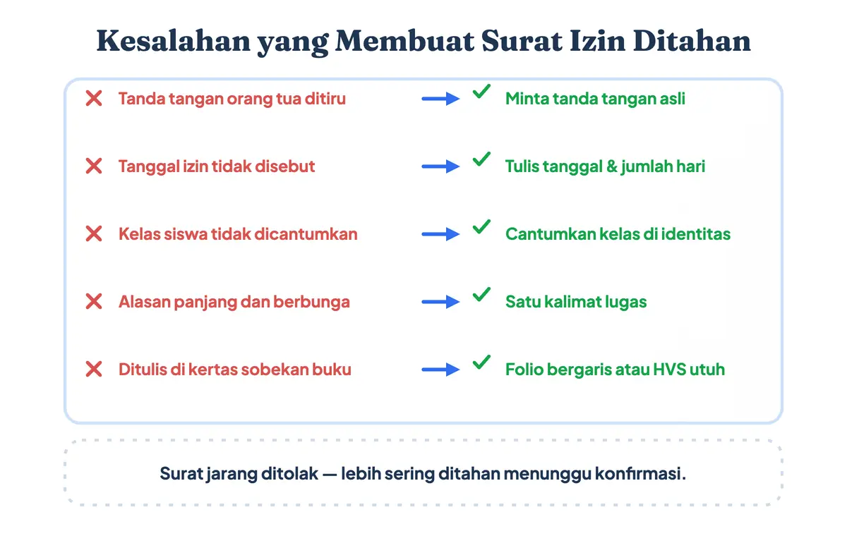 Daftar kesalahan umum pada surat izin tidak masuk sekolah beserta versi yang benar