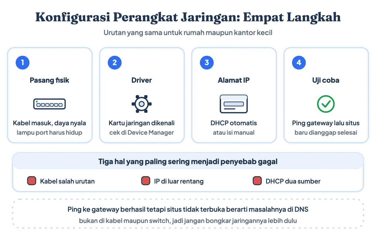 Empat langkah konfigurasi perangkat jaringan: pasang fisik, driver kartu jaringan, alamat IP lewat DHCP, lalu uji ping ke gateway