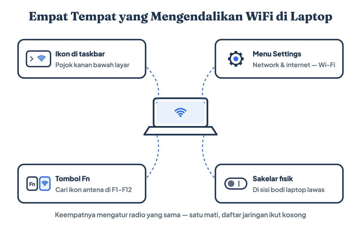 Empat tempat mengendalikan WiFi di laptop yaitu ikon taskbar, menu Settings, tombol Fn, dan sakelar fisik