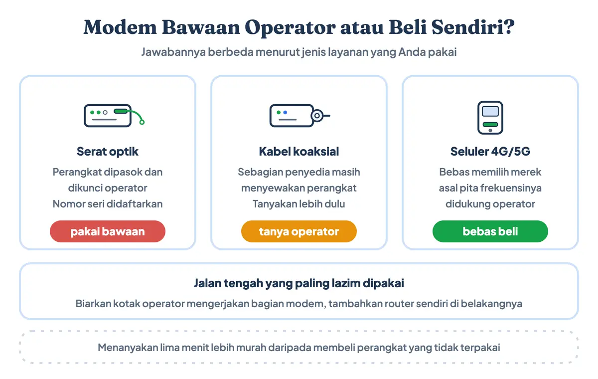Memilih modem bawaan operator atau beli sendiri: pertimbangan pada layanan serat optik, kabel koaksial, dan seluler