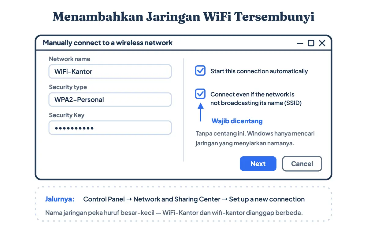 Langkah menambahkan jaringan WiFi tersembunyi lewat Control Panel Windows