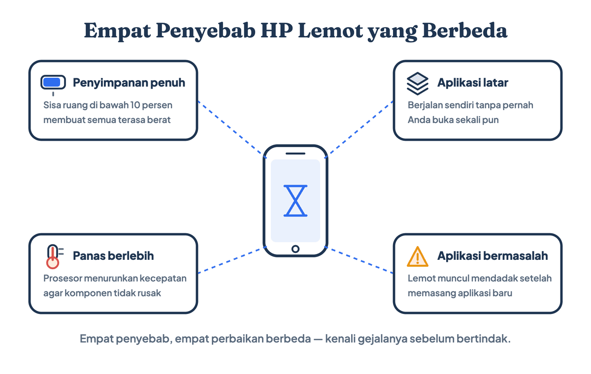Empat penyebab utama HP lemot: penyimpanan hampir penuh, aplikasi latar belakang yang rakus, panas berlebih pada prosesor, dan aplikasi bermasalah atau adware