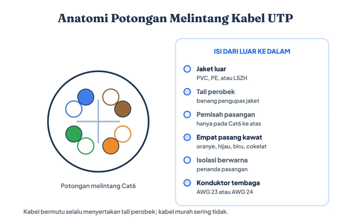 Gambar potongan melintang kabel UTP berlabel: jaket luar PVC, tali perobek, empat pasang kawat tembaga terpilin dengan kode warna, dan diameter konduktor AWG 23