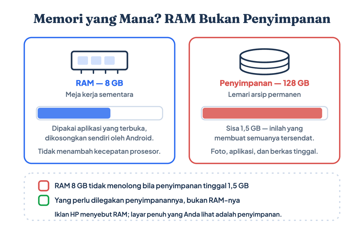 Perbedaan RAM dan penyimpanan internal HP: RAM 8 GB sebagai meja kerja sementara, penyimpanan 128 GB yang tersisa 1,5 GB membuat HP tersendat