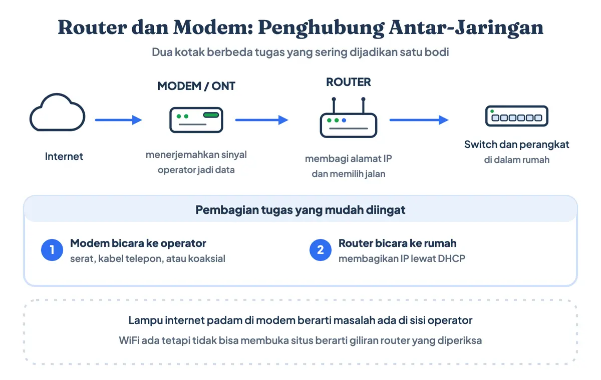 Perangkat jaringan internet di rumah: modem menerjemahkan sinyal operator, lalu router membagi alamat IP ke perangkat di dalam rumah