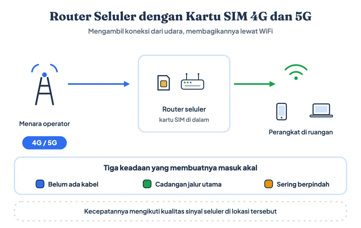 Router seluler dengan kartu SIM 4G dan 5G mengambil koneksi dari menara operator lalu membagikannya lewat WiFi ke perangkat di dalam ruangan