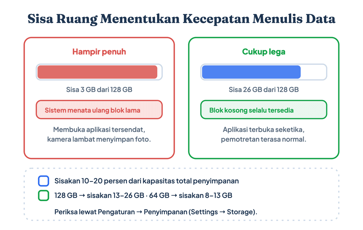 Perbandingan penyimpanan HP: kondisi hampir penuh dengan sisa 3 persen membuat HP melambat, sedangkan sisa ruang 20 persen membuat HP tetap responsif