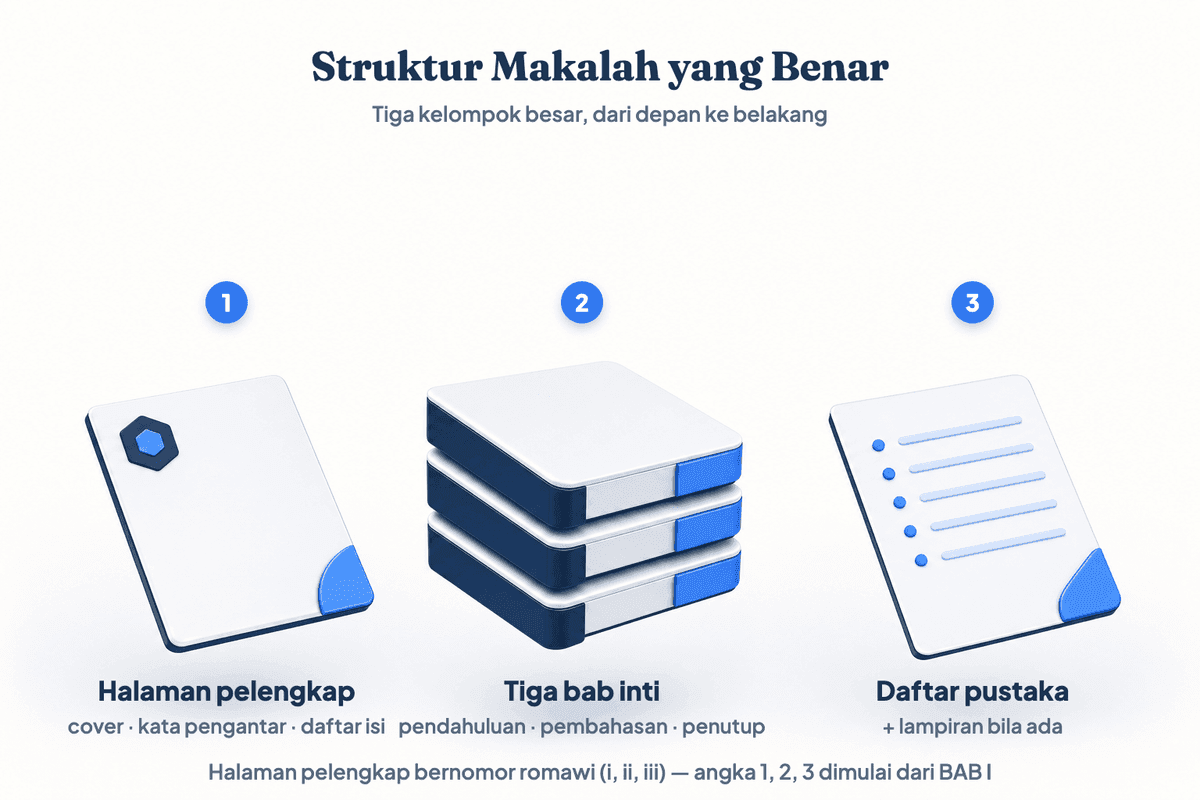 Diagram struktur makalah yang benar: halaman pelengkap, tiga bab inti, dan daftar pustaka