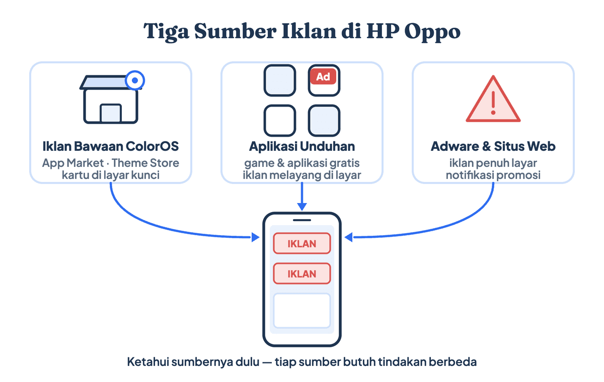 Tiga sumber iklan di HP Oppo: layanan iklan bawaan ColorOS, aplikasi pihak ketiga, dan adware atau notifikasi situs web