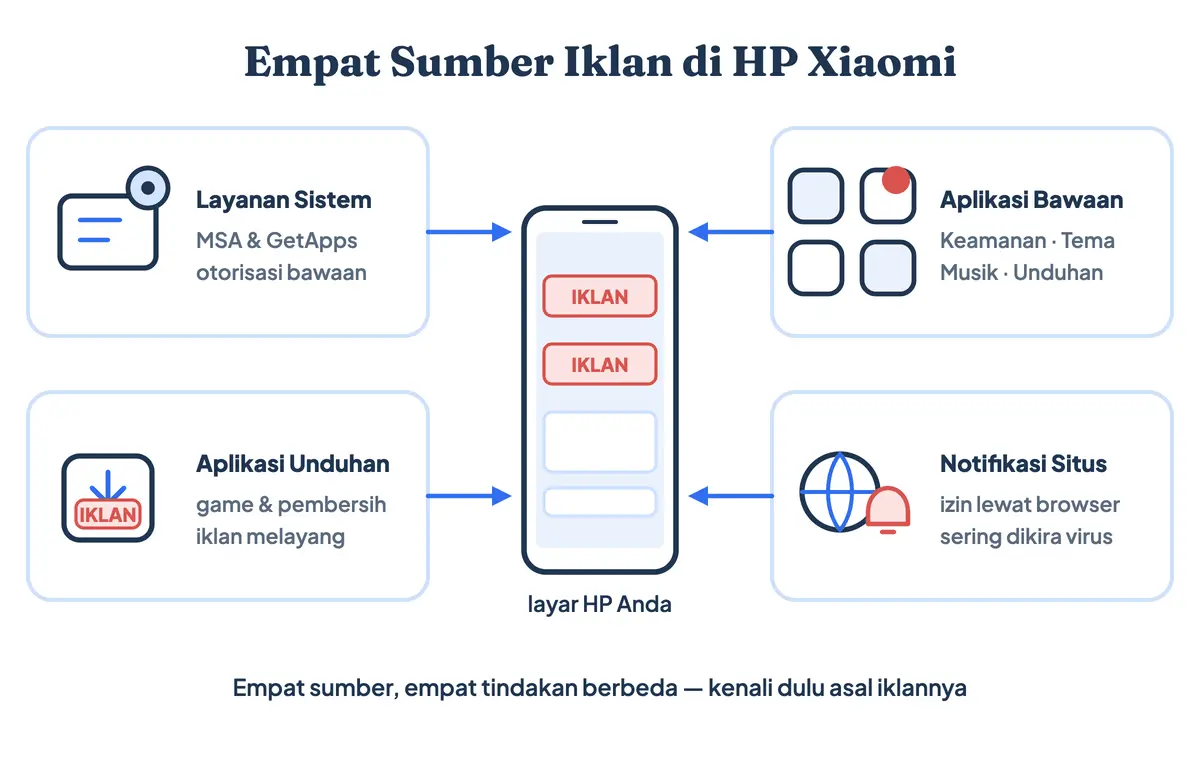 Empat sumber iklan di HP Xiaomi dan Redmi: layanan sistem MSA dan GetApps, aplikasi bawaan, aplikasi unduhan, serta notifikasi situs web