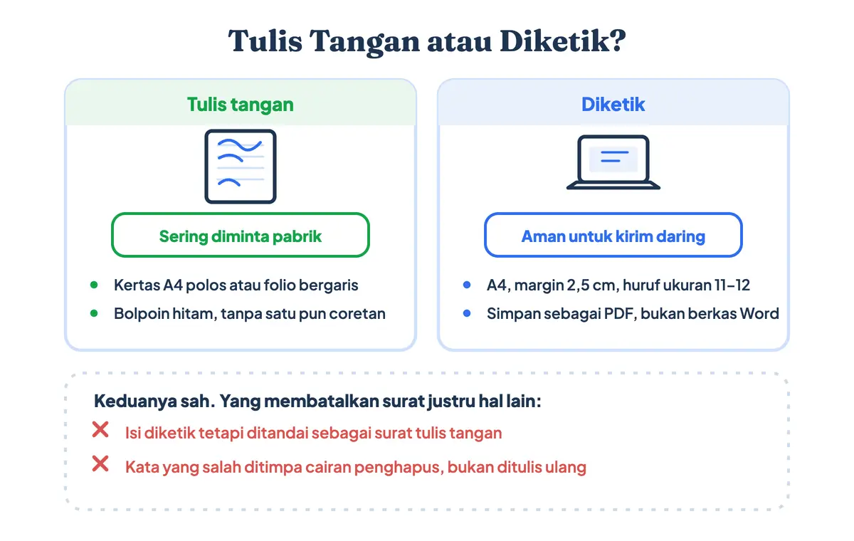 Perbandingan surat izin orang tua tulis tangan dan versi diketik beserta ketentuan kertas dan tinta yang diterima