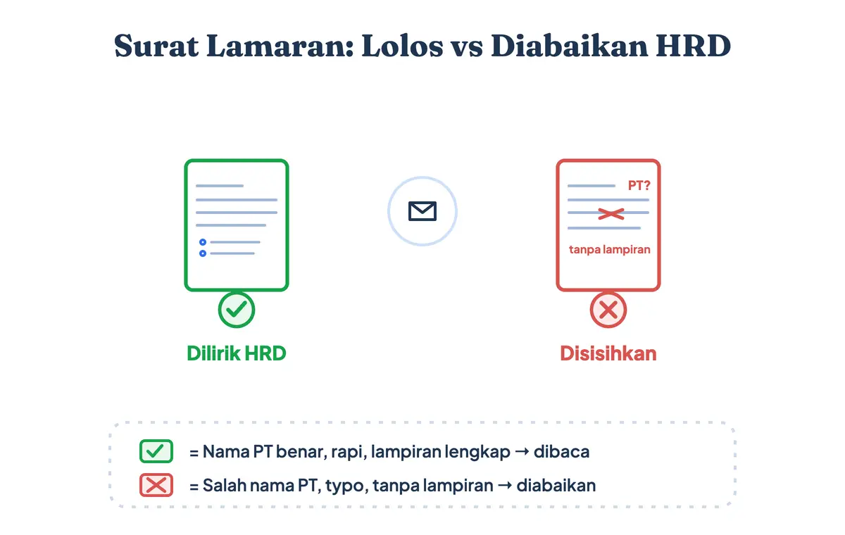 Perbandingan surat lamaran yang lolos dan yang diabaikan HRD: surat rapi, nama PT benar, dan lampiran lengkap diterima, sedangkan surat dengan salah ketik, salah nama perusahaan, dan tanpa lampiran disisihkan