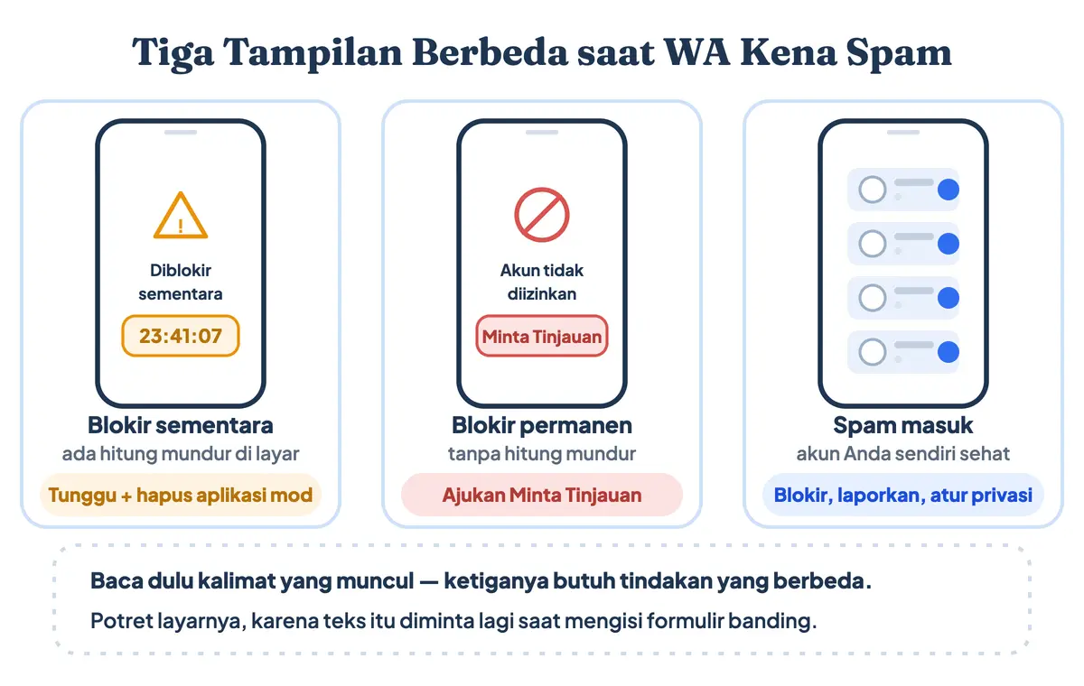 Tiga tampilan WA kena spam: blokir sementara berhitung mundur 23:41:07, blokir permanen bertombol Minta Tinjauan, dan kotak masuk penuh pesan asing