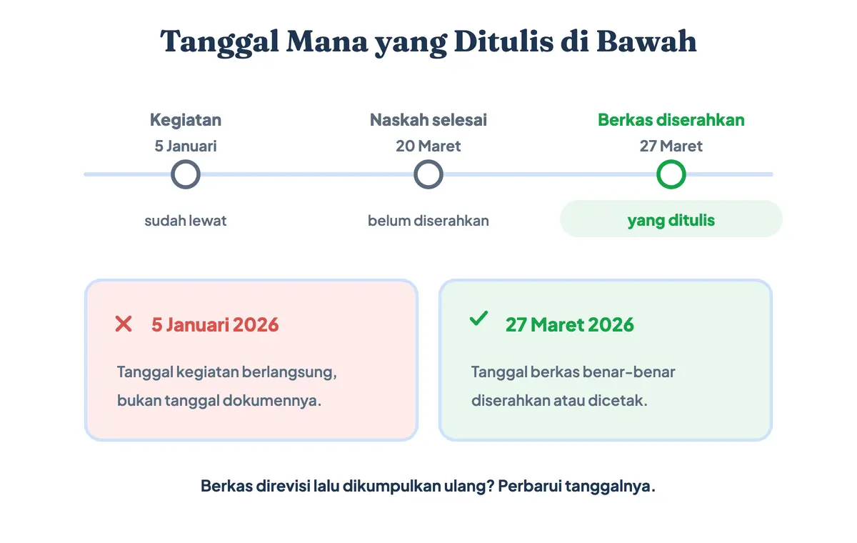 Garis waktu tanggal pada kata pengantar: tanggal kegiatan, tanggal naskah selesai, dan tanggal berkas diserahkan yang benar ditulis