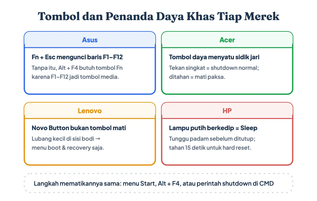Perbandingan tombol dan penanda daya khas laptop Asus, Acer, Lenovo, dan HP saat mematikan laptop