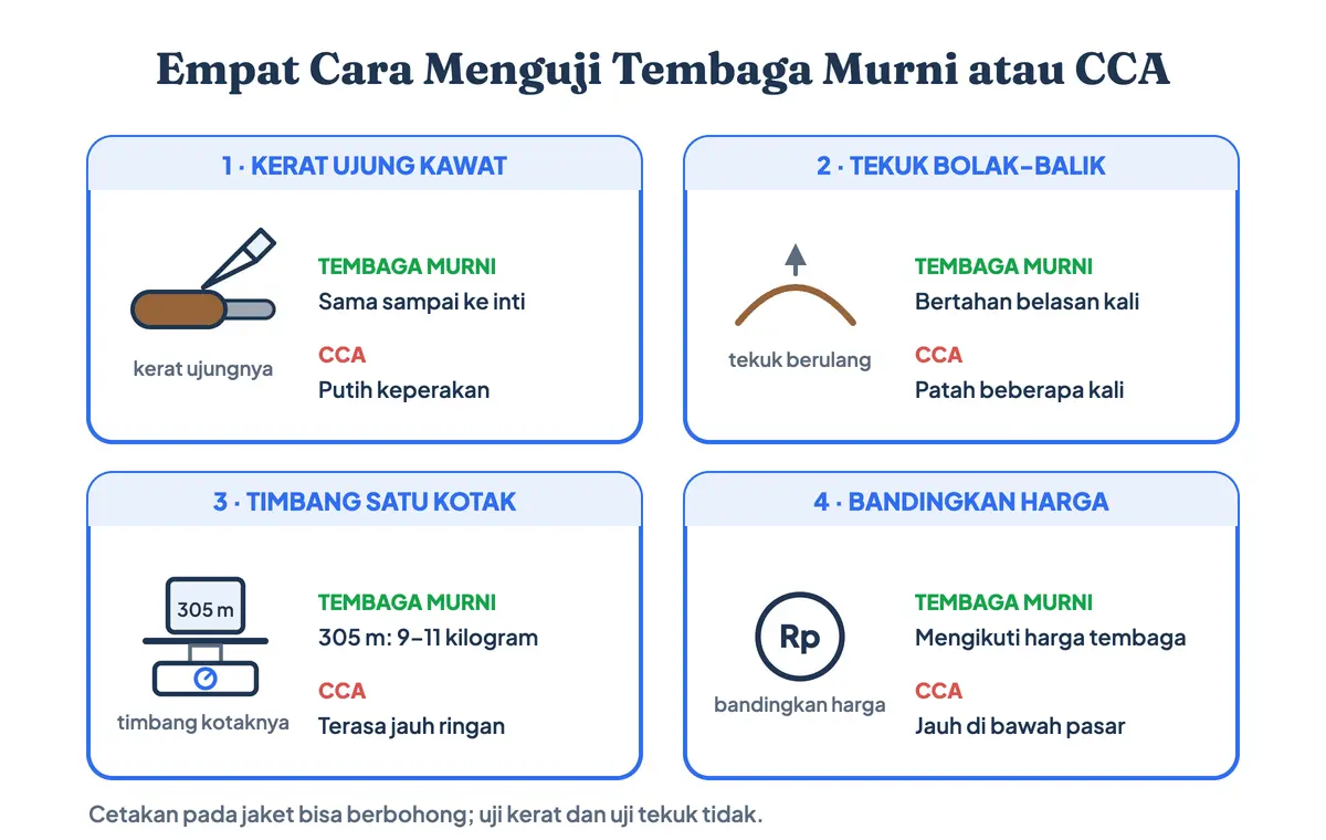 Empat cara menguji kabel UTP tembaga murni atau CCA: mengerat ujung kawat, menekuk berulang, menimbang kotak 305 meter, dan membandingkan harga