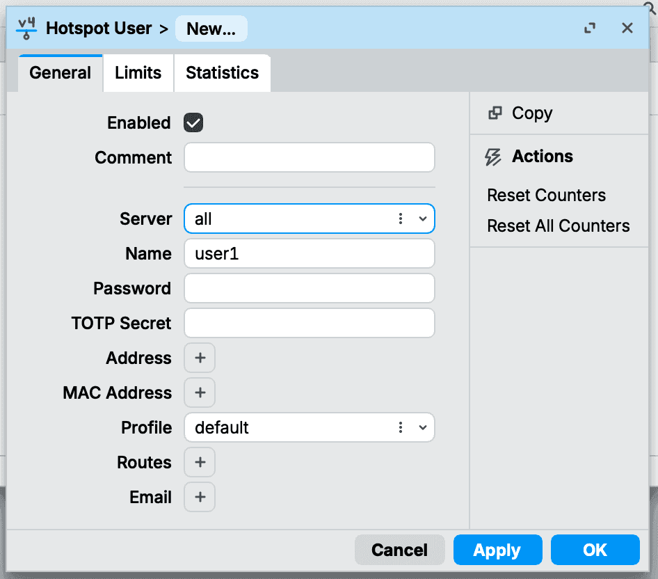 Membuat user hotspot Mikrotik baru di tab Users