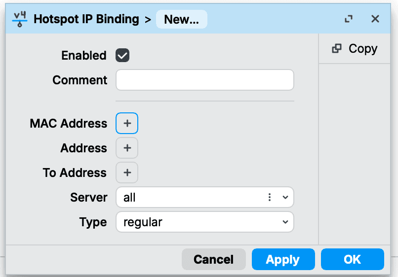 Pengaturan IP Binding hotspot Mikrotik dengan Type bypassed
