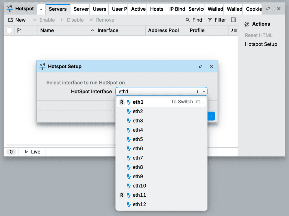 Memilih HotSpot Interface pada wizard Hotspot Setup Mikrotik
