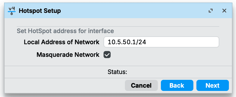 Pengaturan Local Address of Network 10.5.50.1/24 dan Masquerade Network di Hotspot Setup
