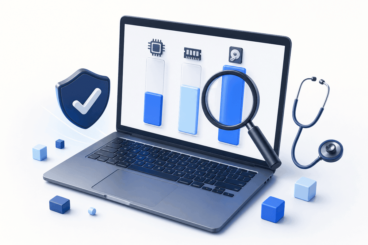 Ilustrasi diagnosis laptop lemot lewat Task Manager Windows dengan indikator CPU, RAM, dan Disk