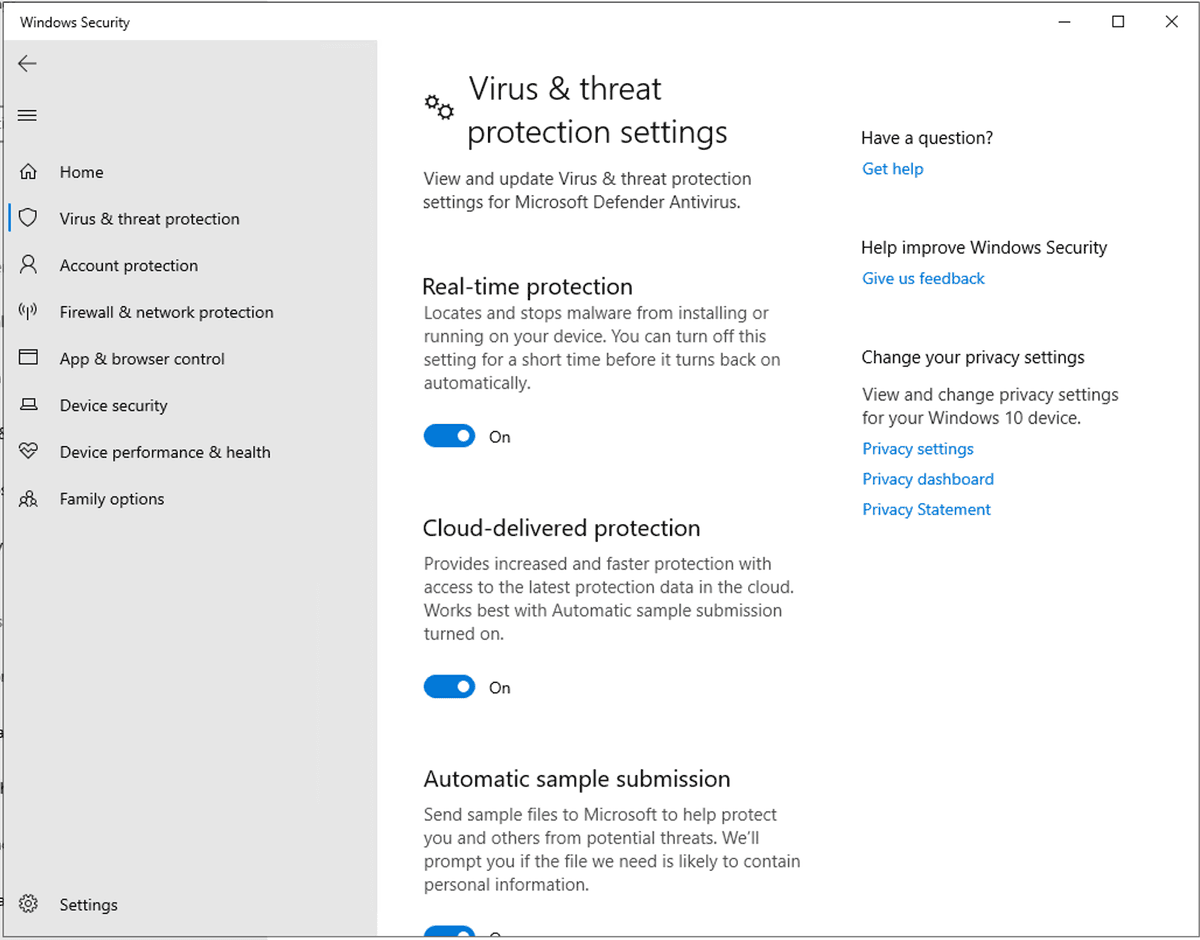 Sakelar Real-time protection di halaman Virus & threat protection settings Windows Security; matikan sakelar ini untuk menonaktifkan perlindungan real-time sementara